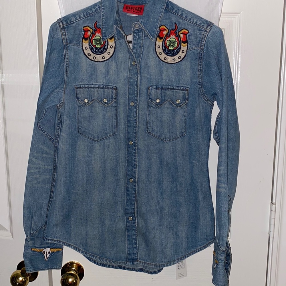 Western denim band ladies pearl snap